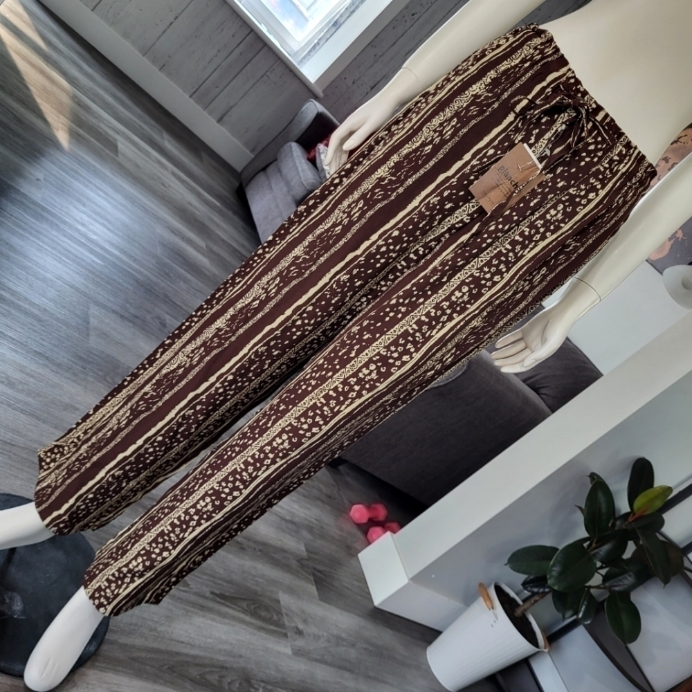 PLANCHE - Women's Striped Tribal  Elastic Waist Loose Straight Leg Long Pants